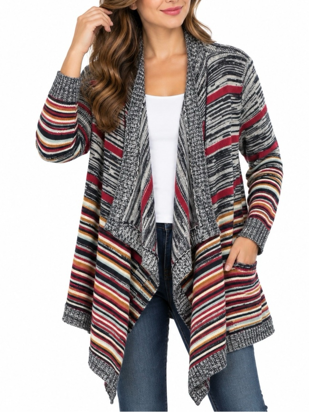 Pink Rose Women’s XL Striped Waterfall Open Front Cardigan Sweater